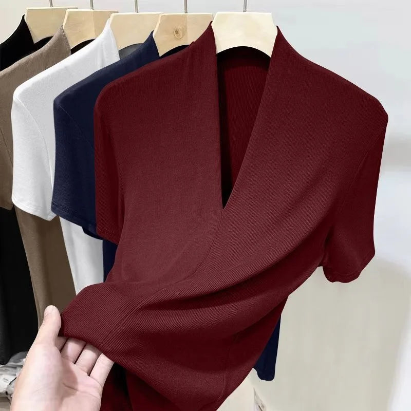 Women's V-Neck T-Shirt - Korean Slim Fit Short Sleeve Top