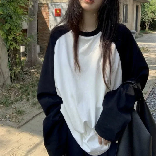 Y2K Long Sleeve O-Neck Patchwork Loose Fit Oversized Tee Harajuku Streetwear