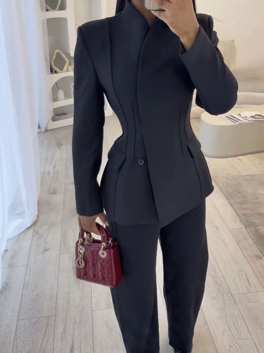 Women's Suit Set - High Collar Slim Fit Jacket & Pants Set