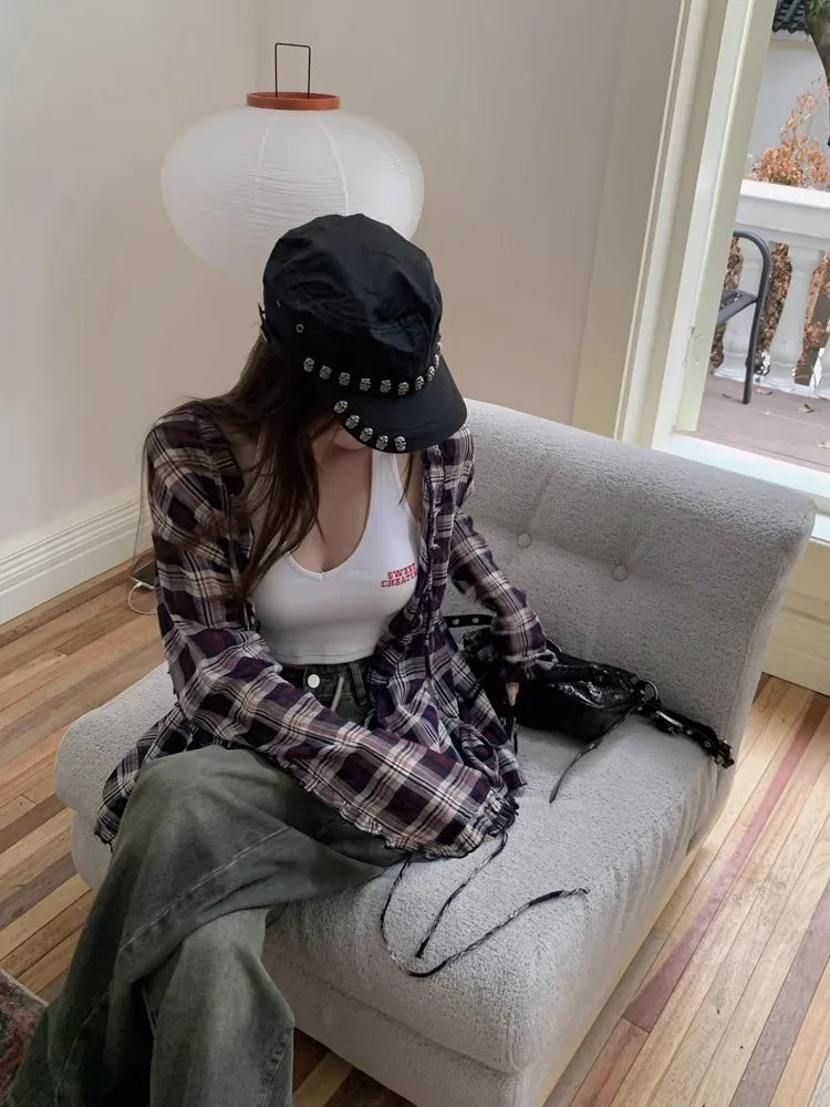 Women's Vintage Plaid Ruffled Collar Blouse