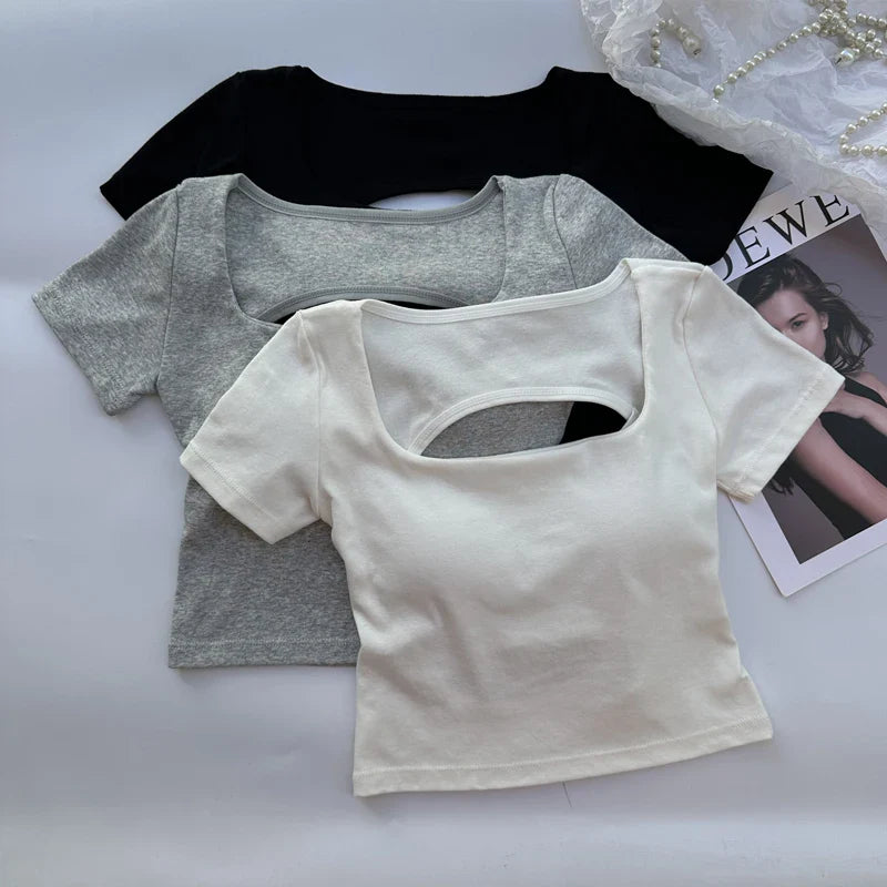 Short Sleeve Square Neckline Backless Crop Top with Built-In Bra Sexy Streetwear Tee