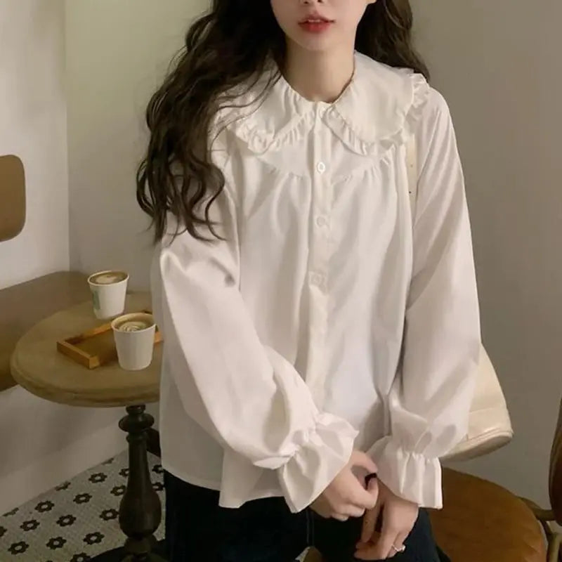 Women's Vintage Shirt - Preppy Peter Pan Collar Long Sleeve Blouse