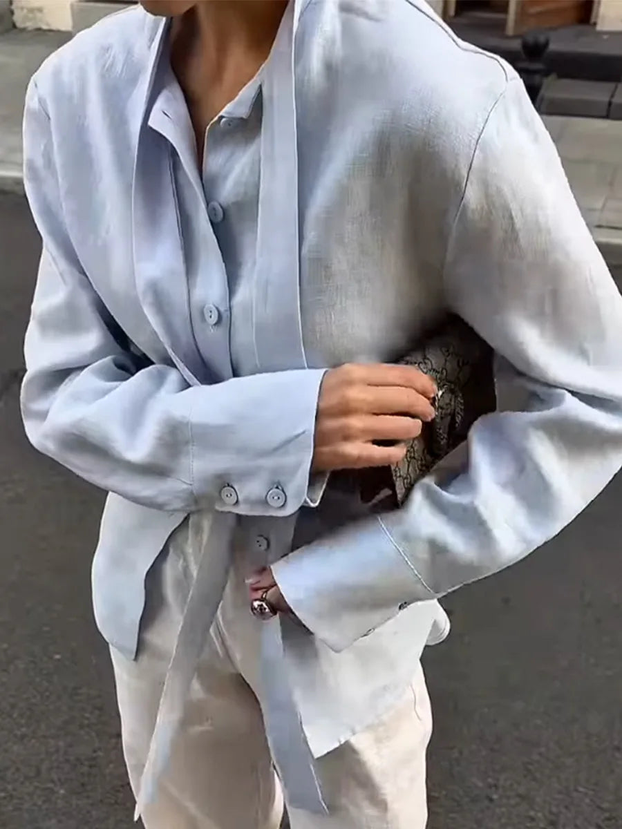 Cotton Tie Belt Slim Blouse