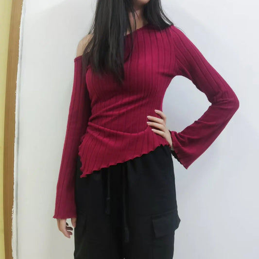Women's T-Shirt - Off-Shoulder Cross Design Trumpet Sleeve Top