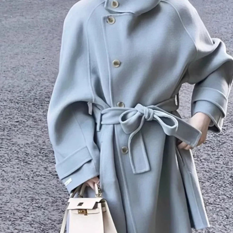 Women's Woolen Coat - Plus Size Belt Closure Long Coat
