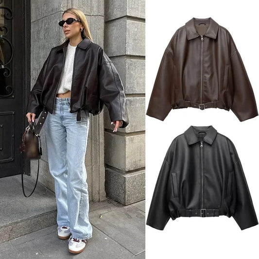 Women's Vintage PU Leather Bomber Jacket with Belt