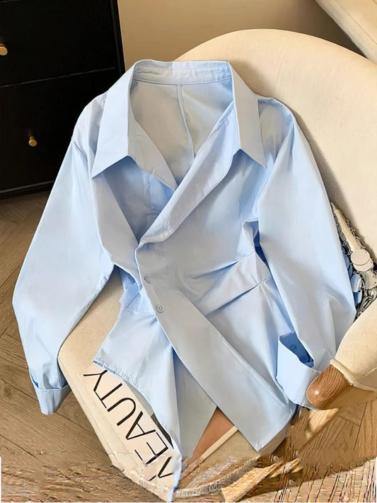 Women's Blouse - Irregular Long Sleeve Polo Shirt Tunic Top