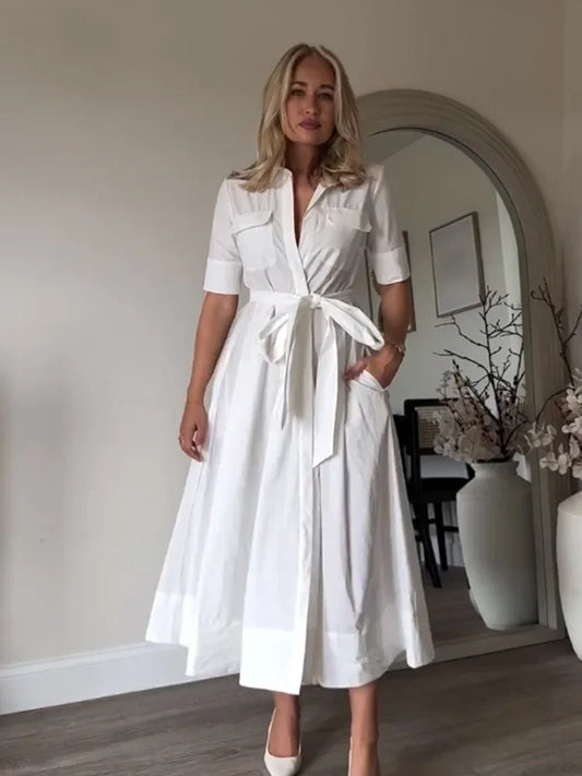 Women's Lapel Shirt Midi Dress with Belt
