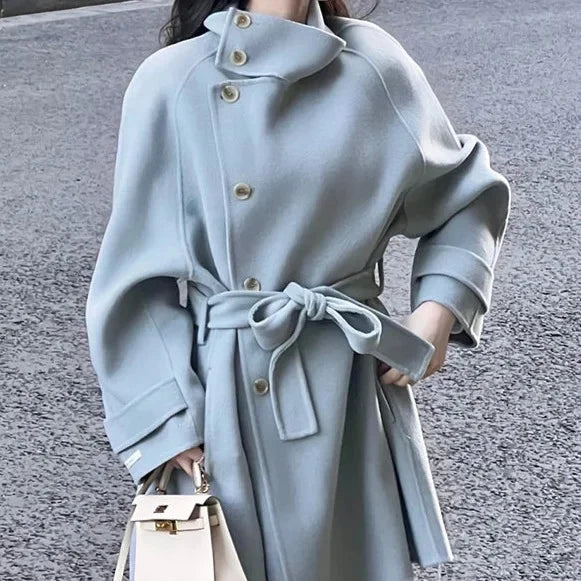 Women's Woolen Coat - Plus Size Belt Closure Long Coat