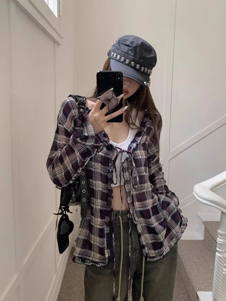 Women's Vintage Plaid Ruffled Collar Blouse