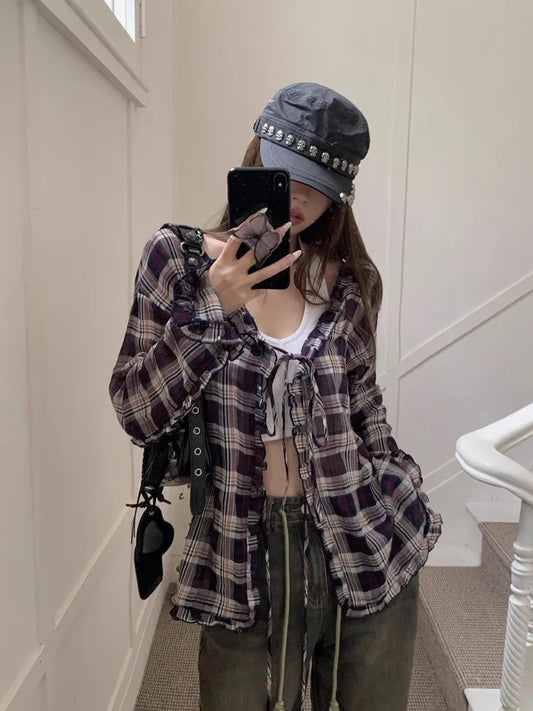Women's Vintage Plaid Ruffled Collar Blouse