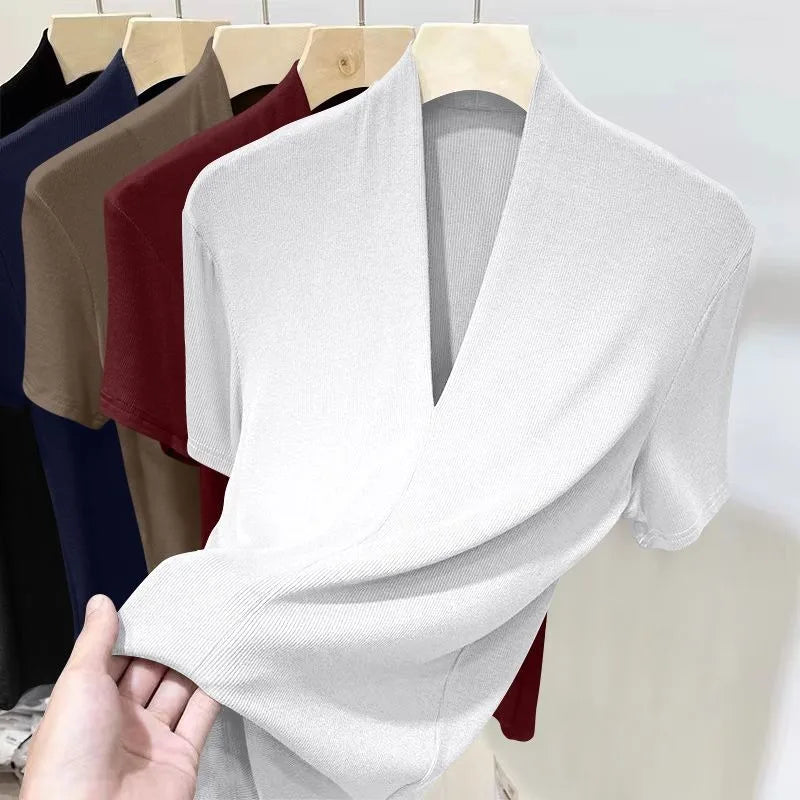 Women's V-Neck T-Shirt - Korean Slim Fit Short Sleeve Top