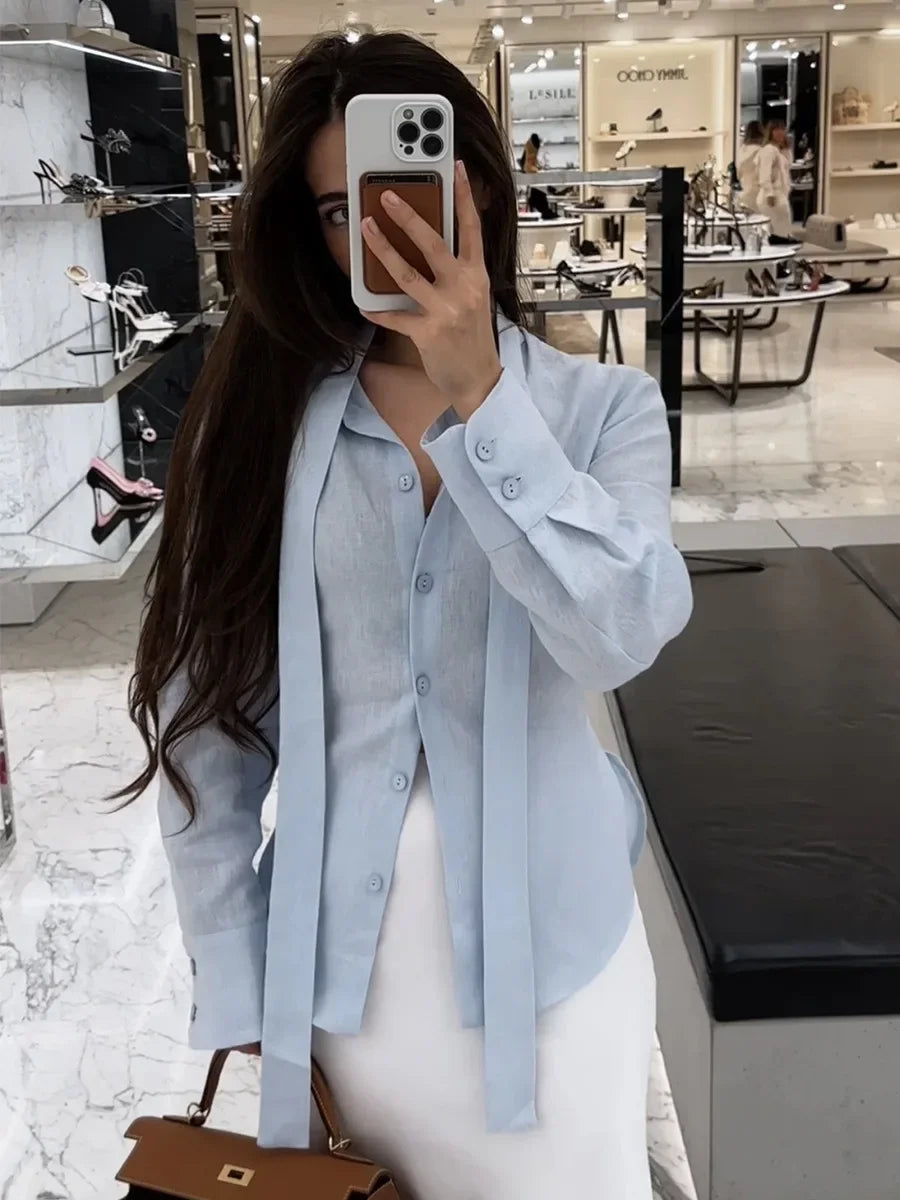 Cotton Tie Belt Slim Blouse