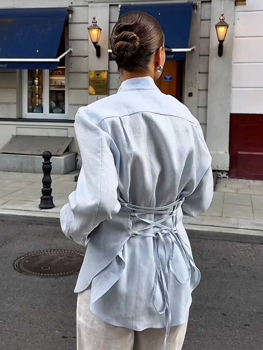 Cotton Tie Belt Slim Blouse