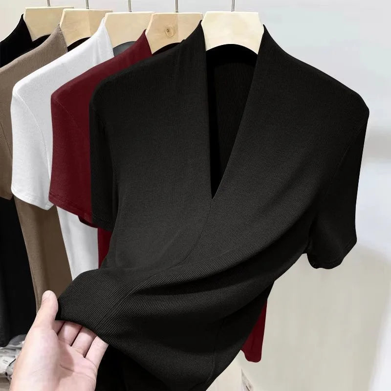 Women's V-Neck T-Shirt - Korean Slim Fit Short Sleeve Top