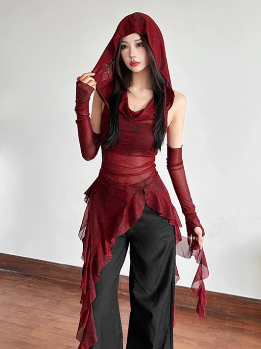 90s Grunge Long Sleeve Mesh See-Through Hooded Hollow-Out Irregular Hem Ruffles Slim Fit Blouse Y2K Cyber Streetwear