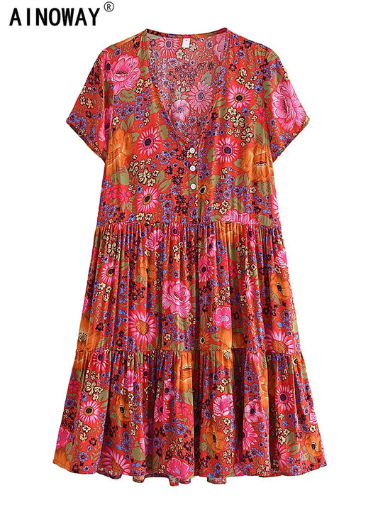 Women's Vintage Floral Print Boho Mini Dress