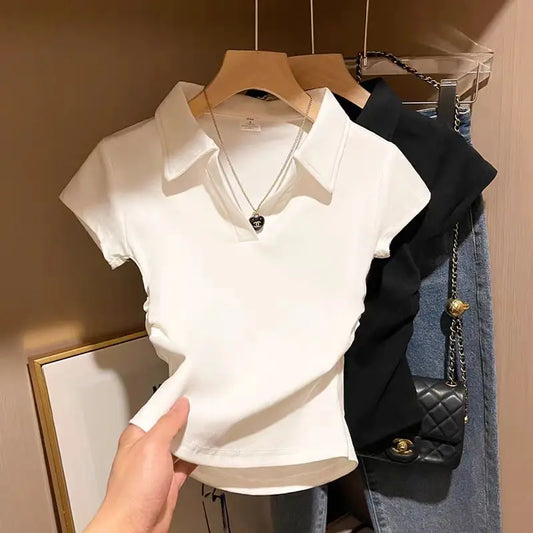 Women's Top - Cotton Slim Fit Polo Crop Top Short Sleeve Tee