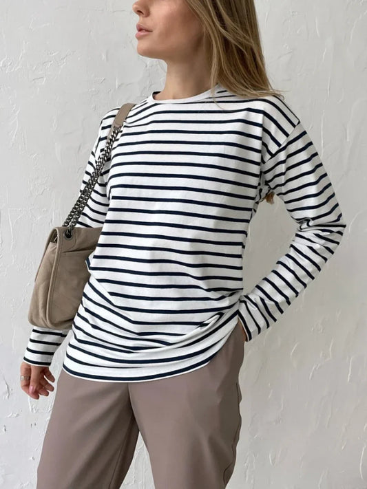 Long Sleeve O-Neck Striped Loose Fit Tee Harajuku