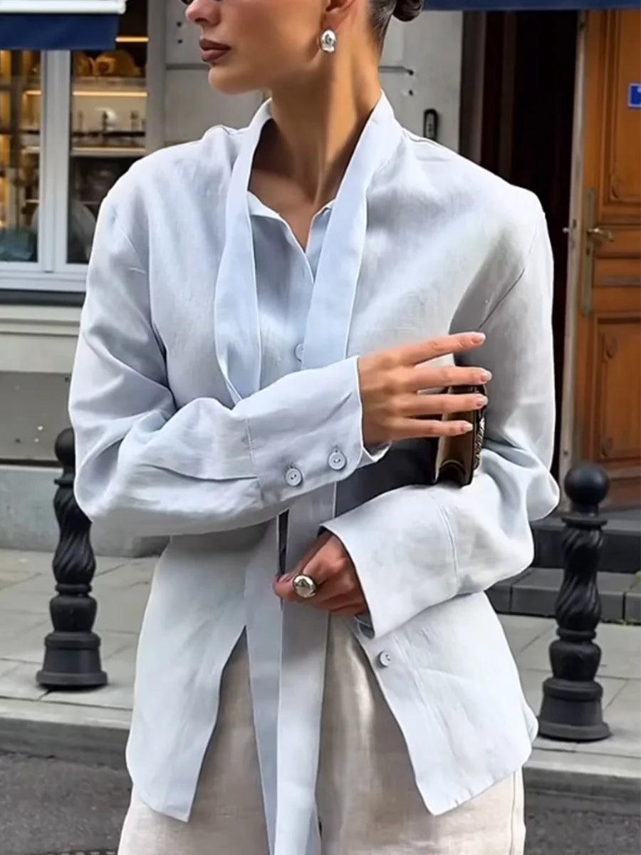 Cotton Tie Belt Slim Blouse