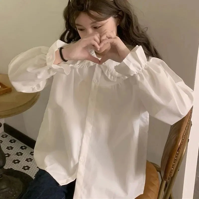 Women's Vintage Shirt - Preppy Peter Pan Collar Long Sleeve Blouse