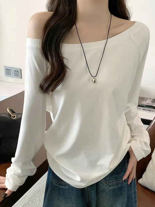 Women's T-Shirt - Oversized Off-Shoulder Long Sleeve Top