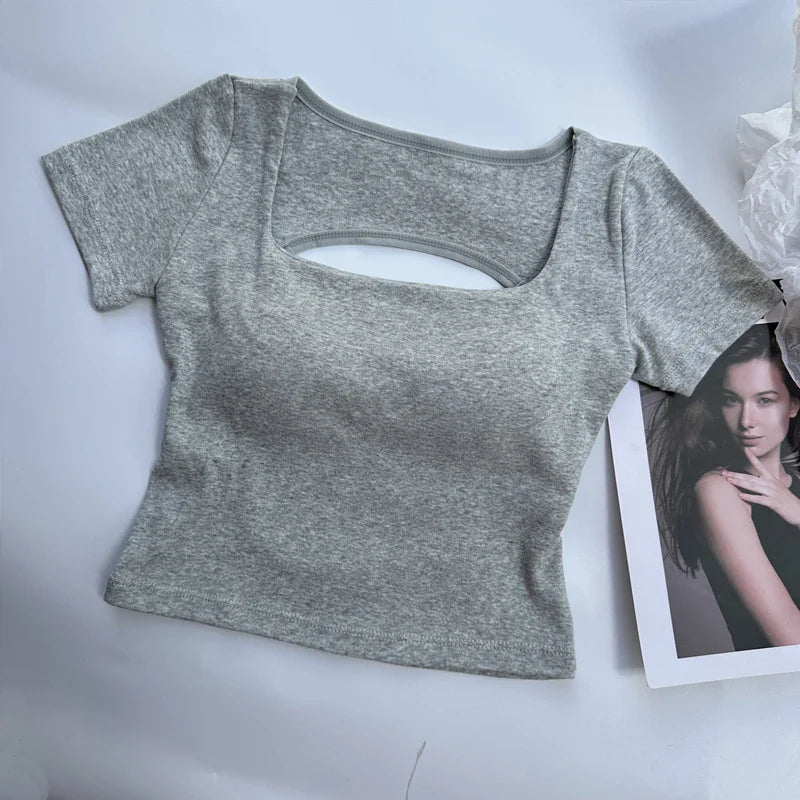 Short Sleeve Square Neckline Backless Crop Top with Built-In Bra Sexy Streetwear Tee