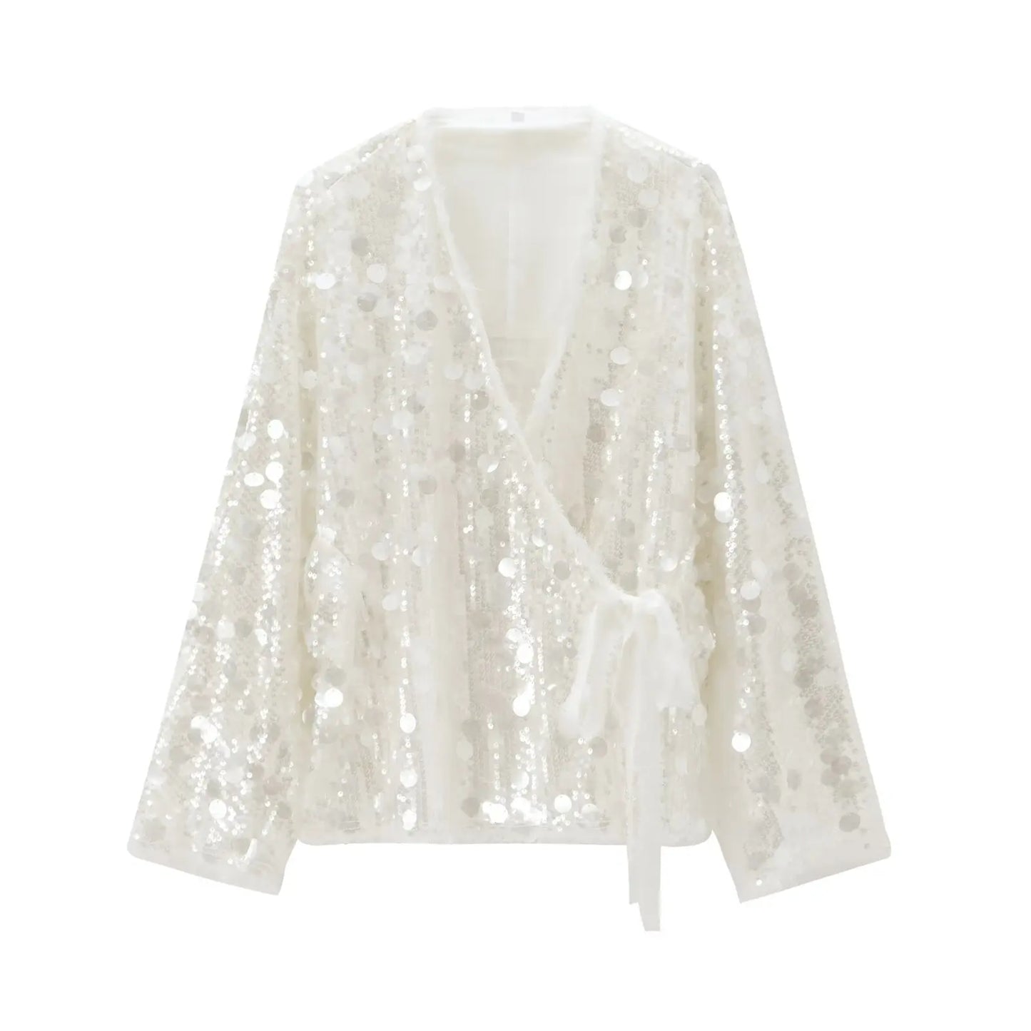 Women's Jacket - Sequin Kimono Jacket with V-Neck and Belt