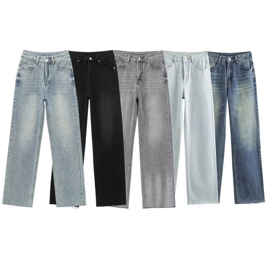 Women's Jeans - High Waisted Wide Leg Classic Denim Pants