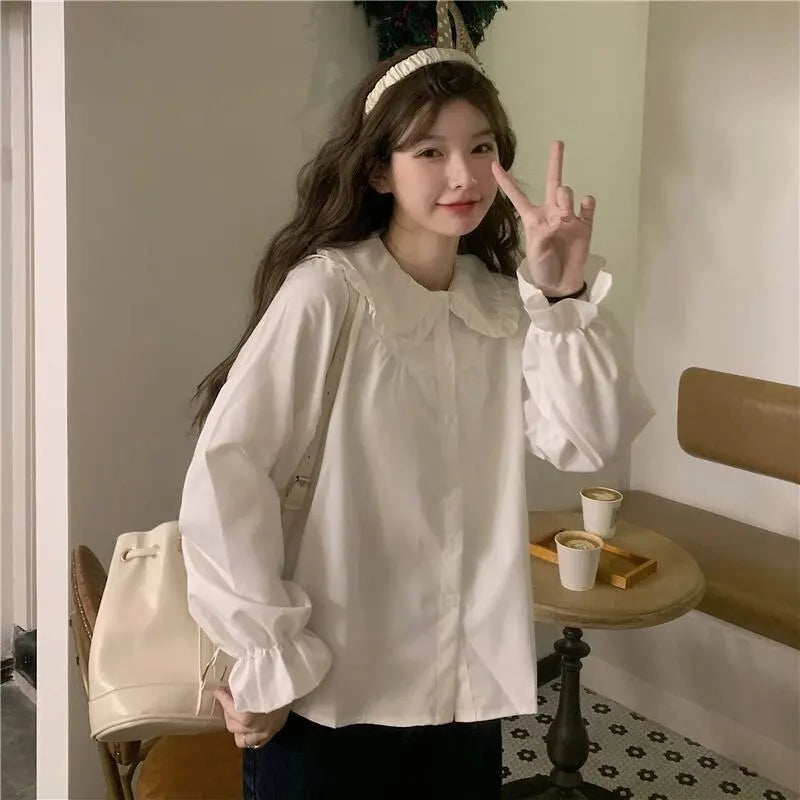 Women's Vintage Shirt - Preppy Peter Pan Collar Long Sleeve Blouse