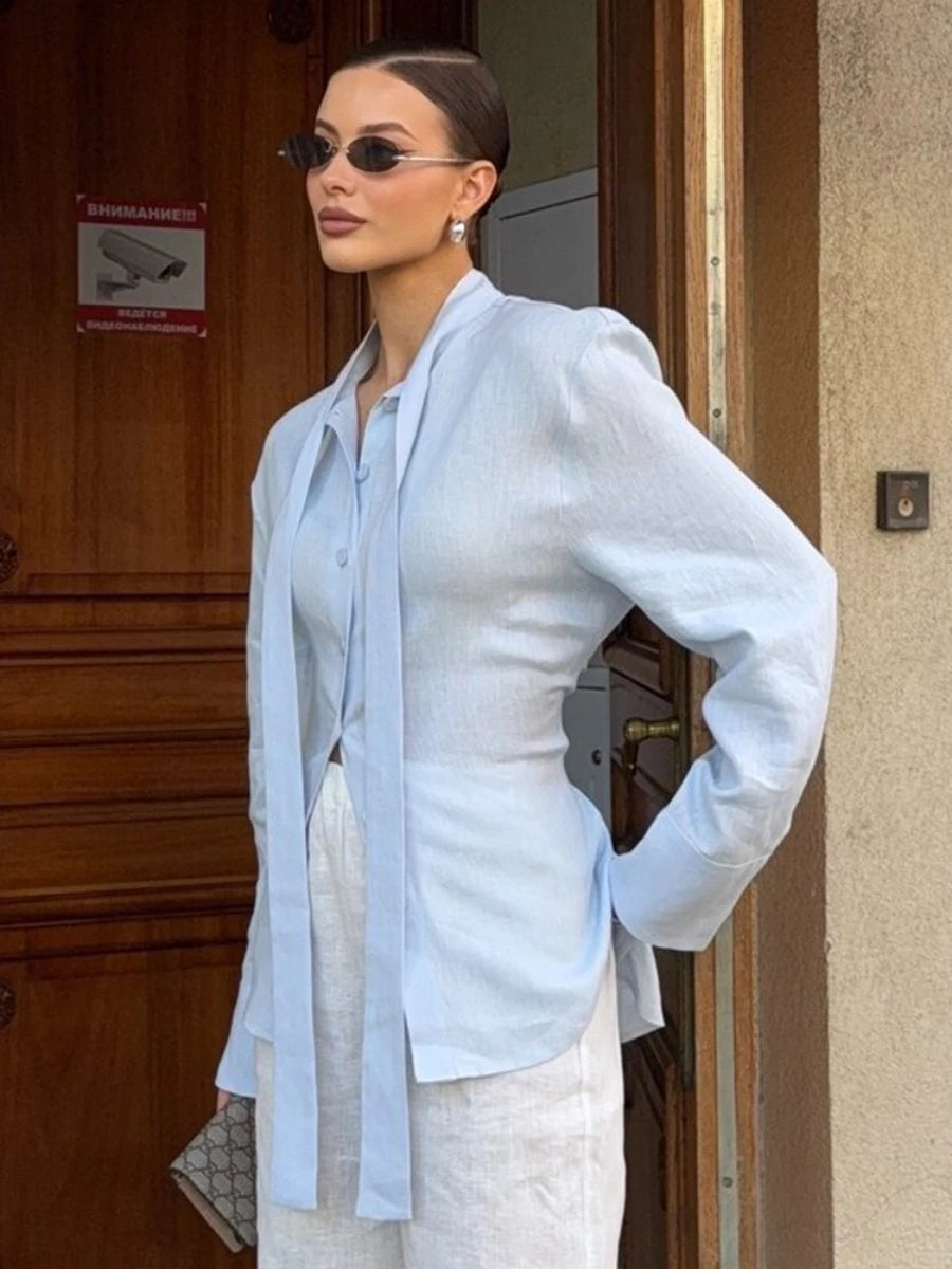 Cotton Tie Belt Slim Blouse