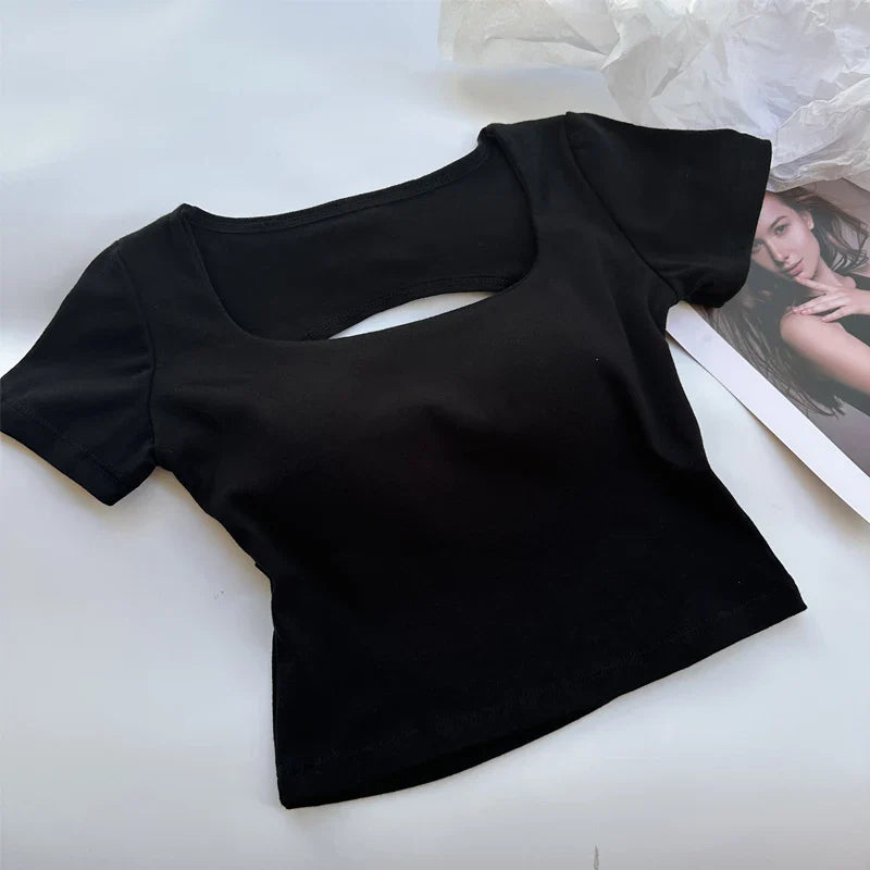 Short Sleeve Square Neckline Backless Crop Top with Built-In Bra Sexy Streetwear Tee