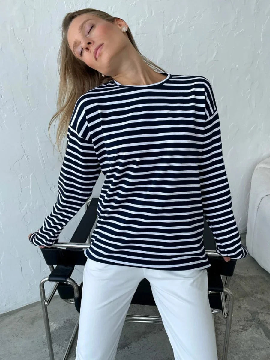 Long Sleeve O-Neck Striped Loose Fit Tee Harajuku