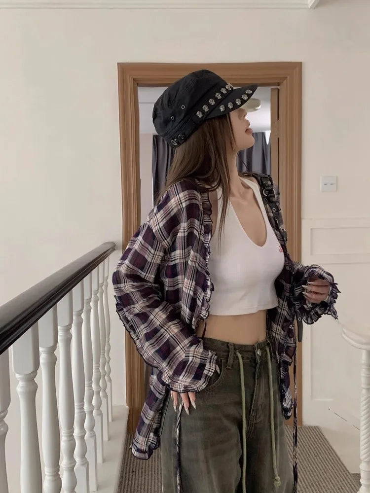 Women's Vintage Plaid Ruffled Collar Blouse