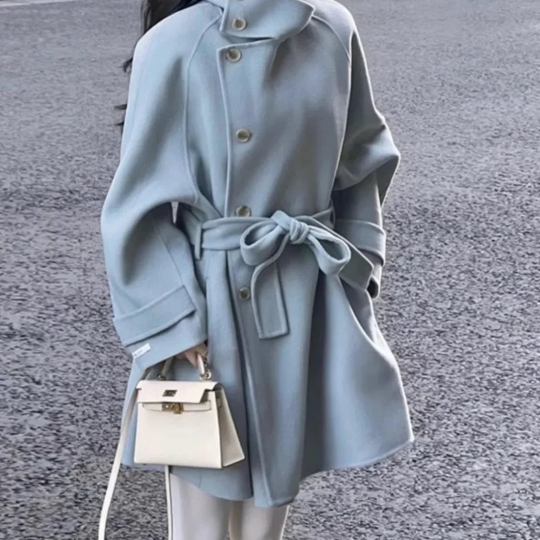 Women's Woolen Coat - Plus Size Belt Closure Long Coat
