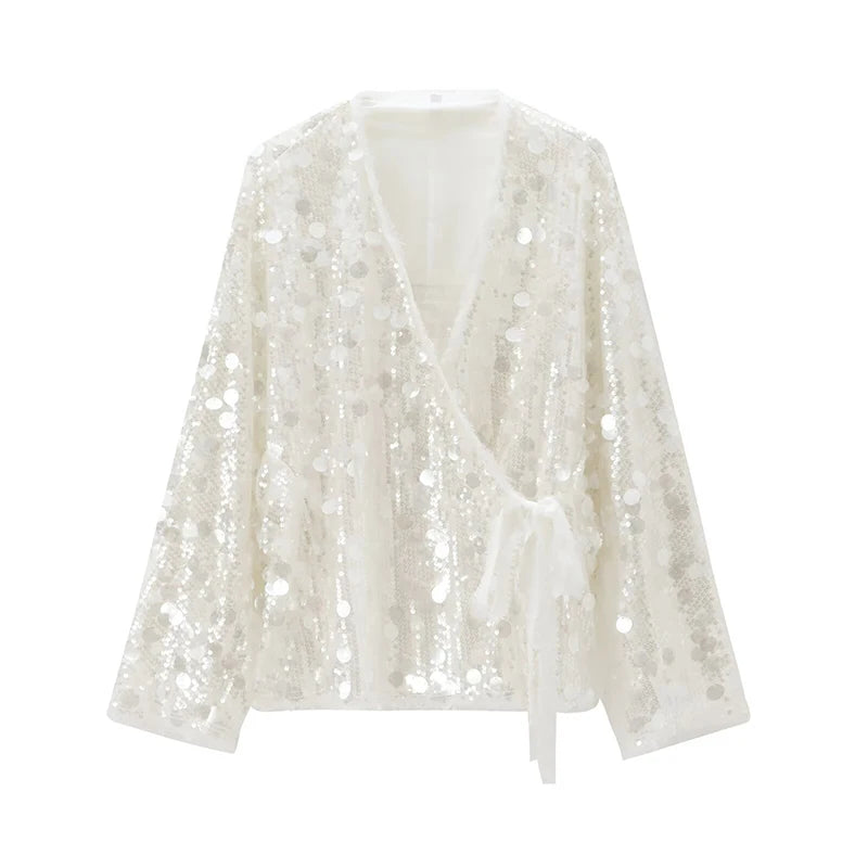 Women's Jacket - Sequin Kimono Jacket with V-Neck and Belt