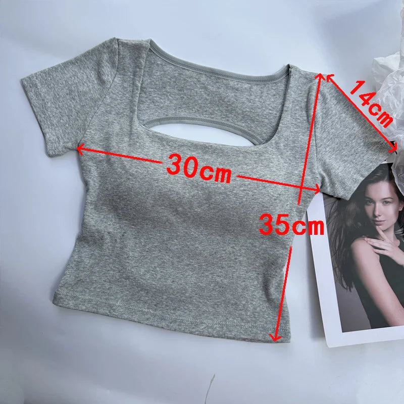 Short Sleeve Square Neckline Backless Crop Top with Built-In Bra Sexy Streetwear Tee
