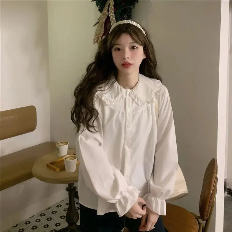 Women's Vintage Shirt - Preppy Peter Pan Collar Long Sleeve Blouse