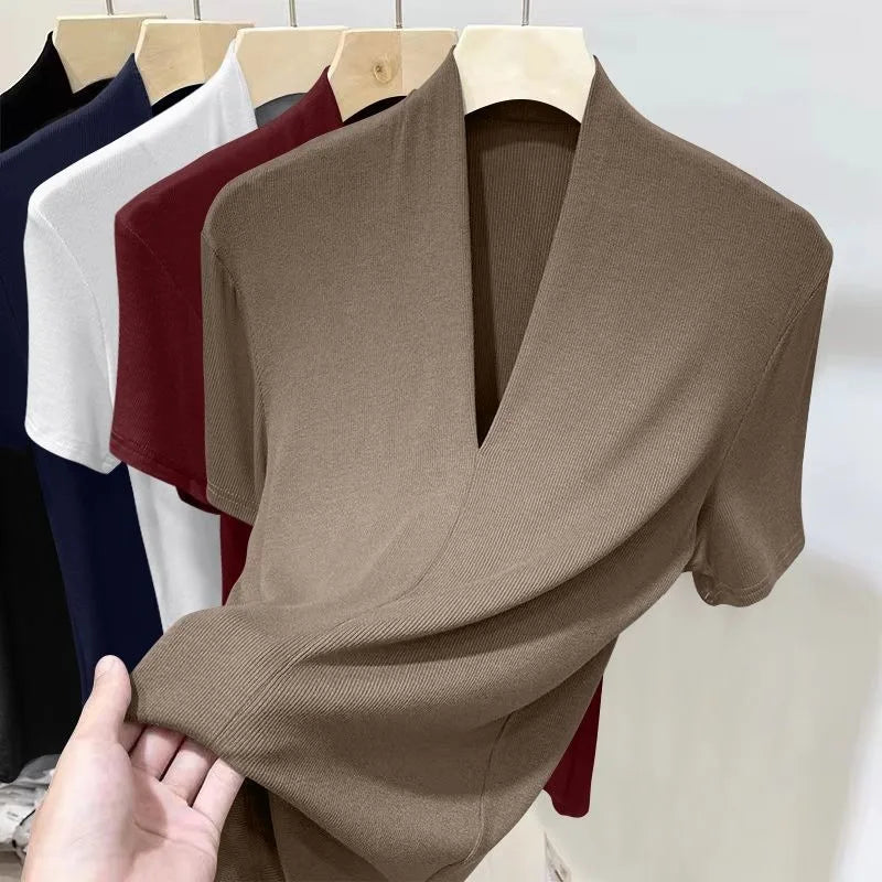 Women's V-Neck T-Shirt - Korean Slim Fit Short Sleeve Top