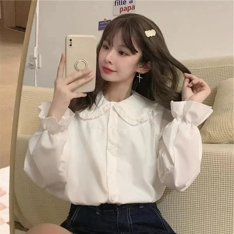 Women's Vintage Shirt - Preppy Peter Pan Collar Long Sleeve Blouse